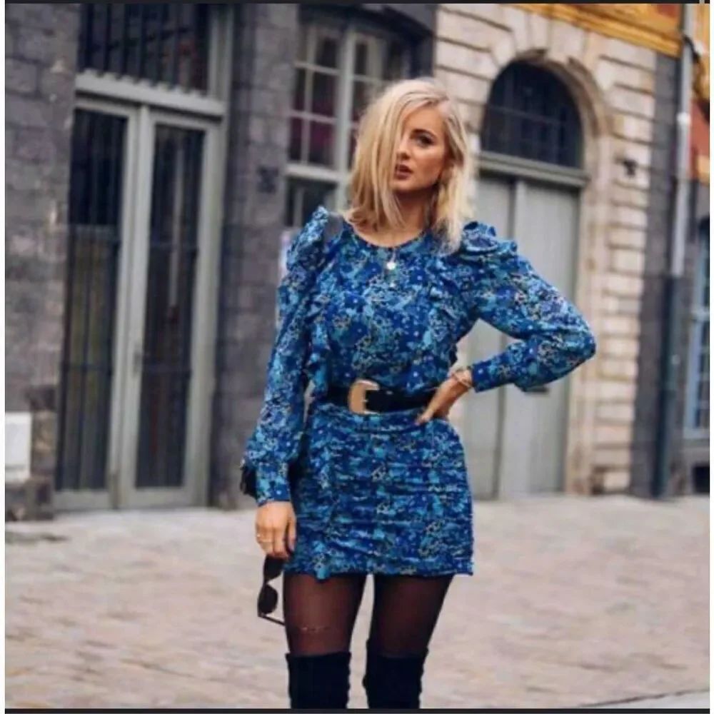 🦋 ZARA Blogger Favorite Draped Romantic Ruffle Ruching Keyhole Floral Mini Dress - Picture 3 of 15